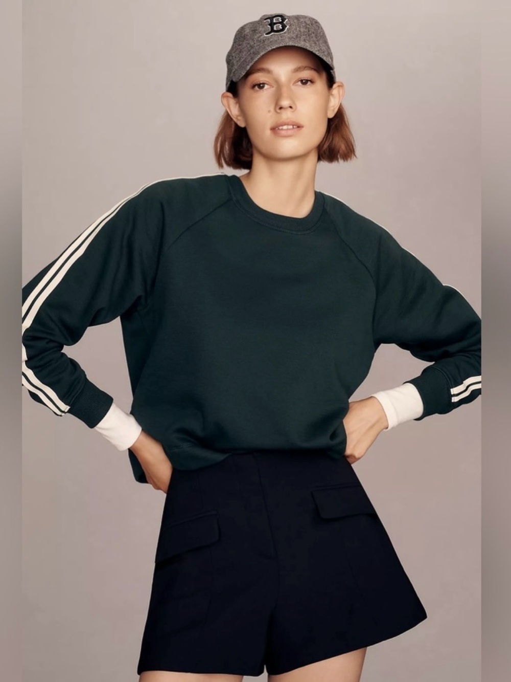 Maeve Sporty Stripe Crew-Neck Sweatshirt Forest Green Anthropologie Preppy Small